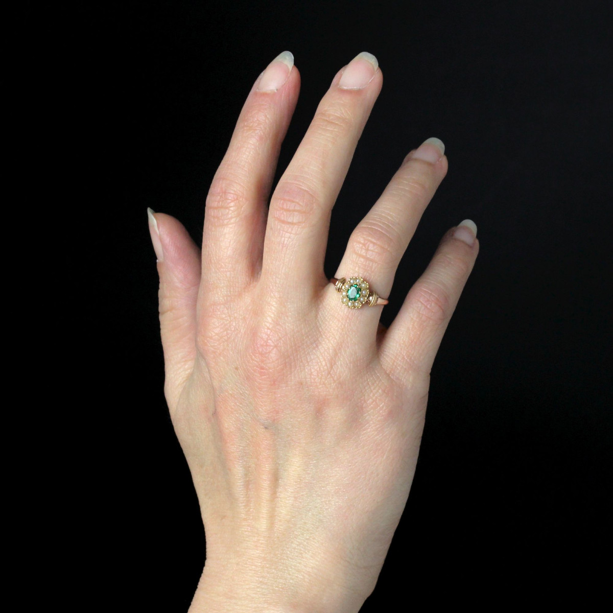 Antique Emerald Daisy And Fine Pearl Ring-photo-4