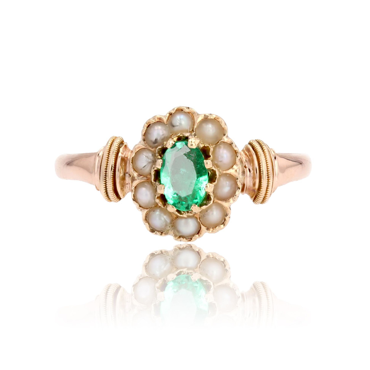 Antique Emerald Daisy And Fine Pearl Ring