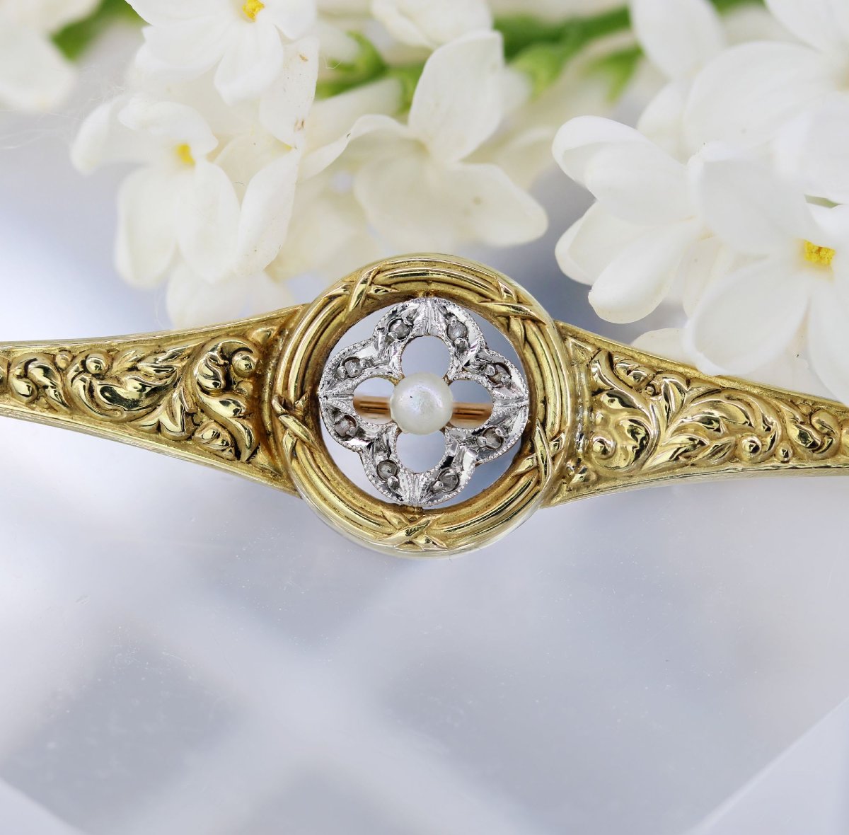 Broche ancienne barrette perle fine et diamants-photo-5