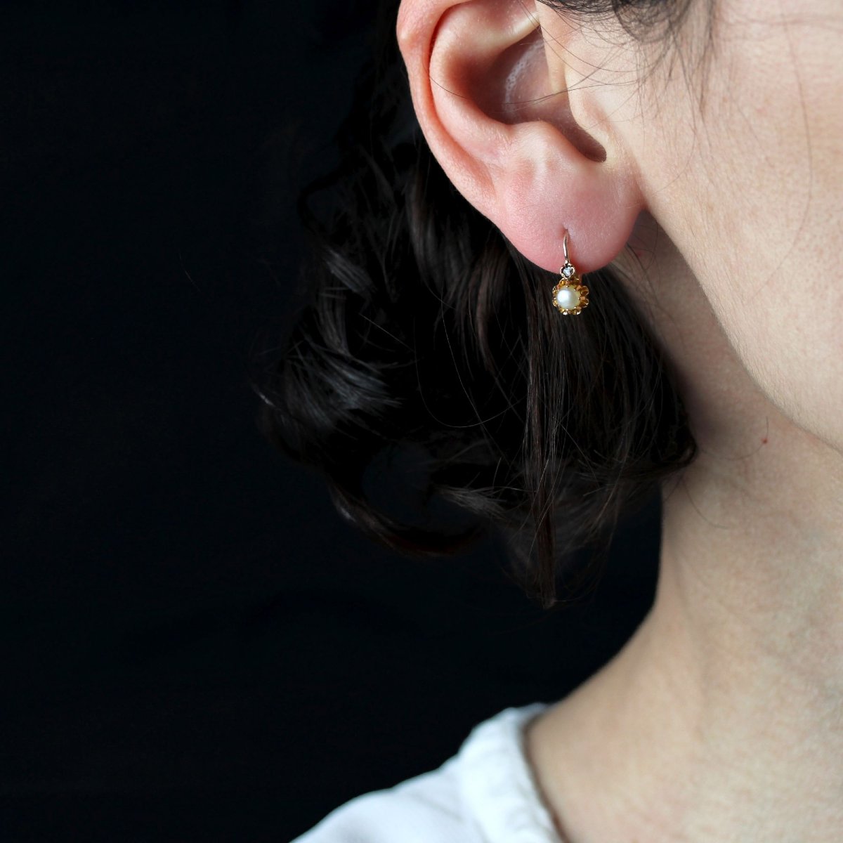 Small Antique Sleeper Earrings With Fine Pearls And Diamonds-photo-2