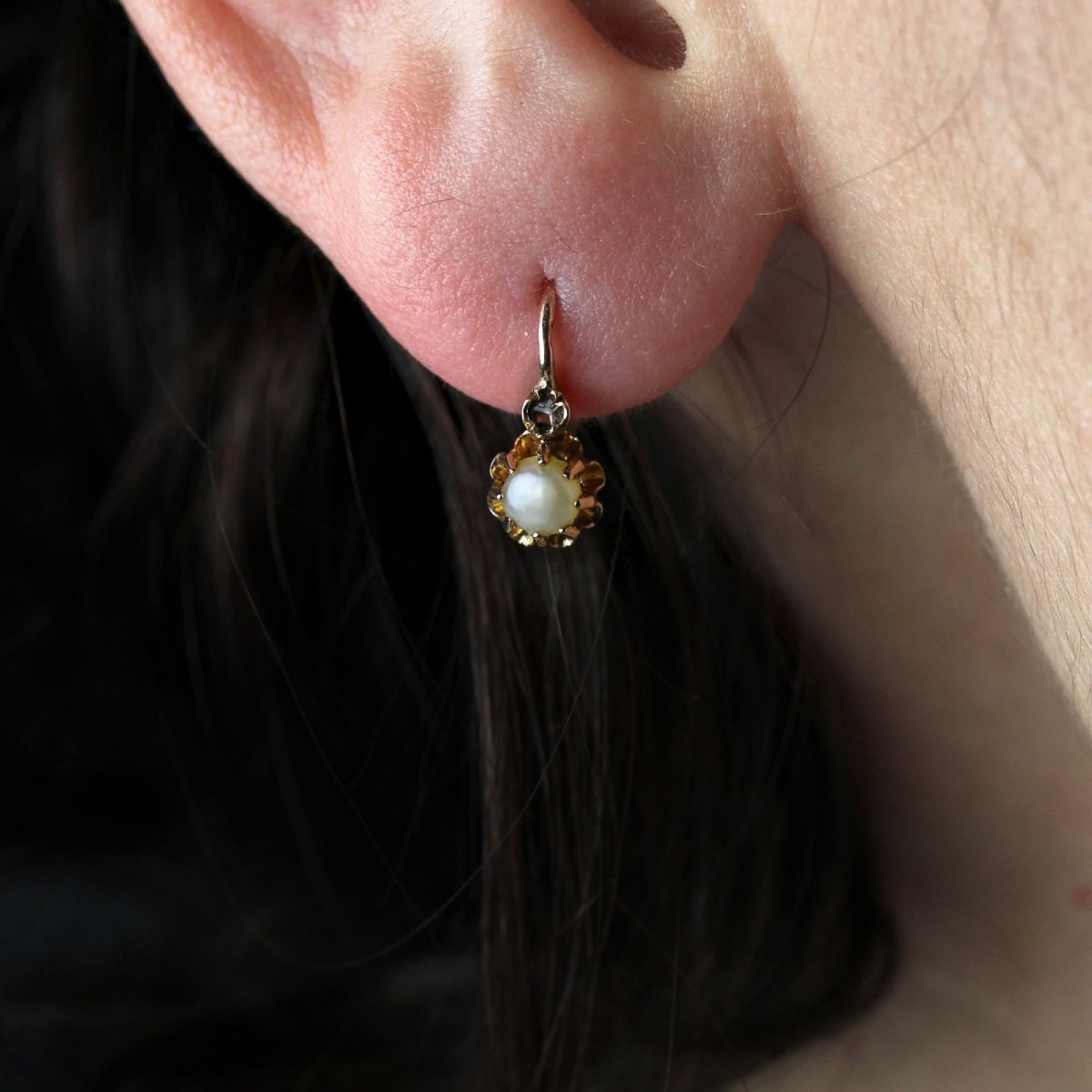 Small Antique Sleeper Earrings With Fine Pearls And Diamonds-photo-2