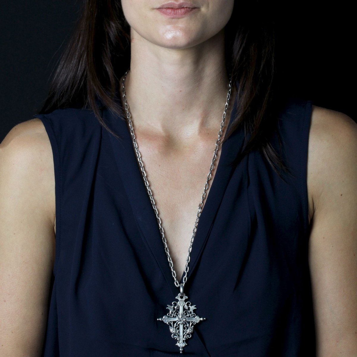 Antique Silver Basque Cross And Its Chain-photo-2