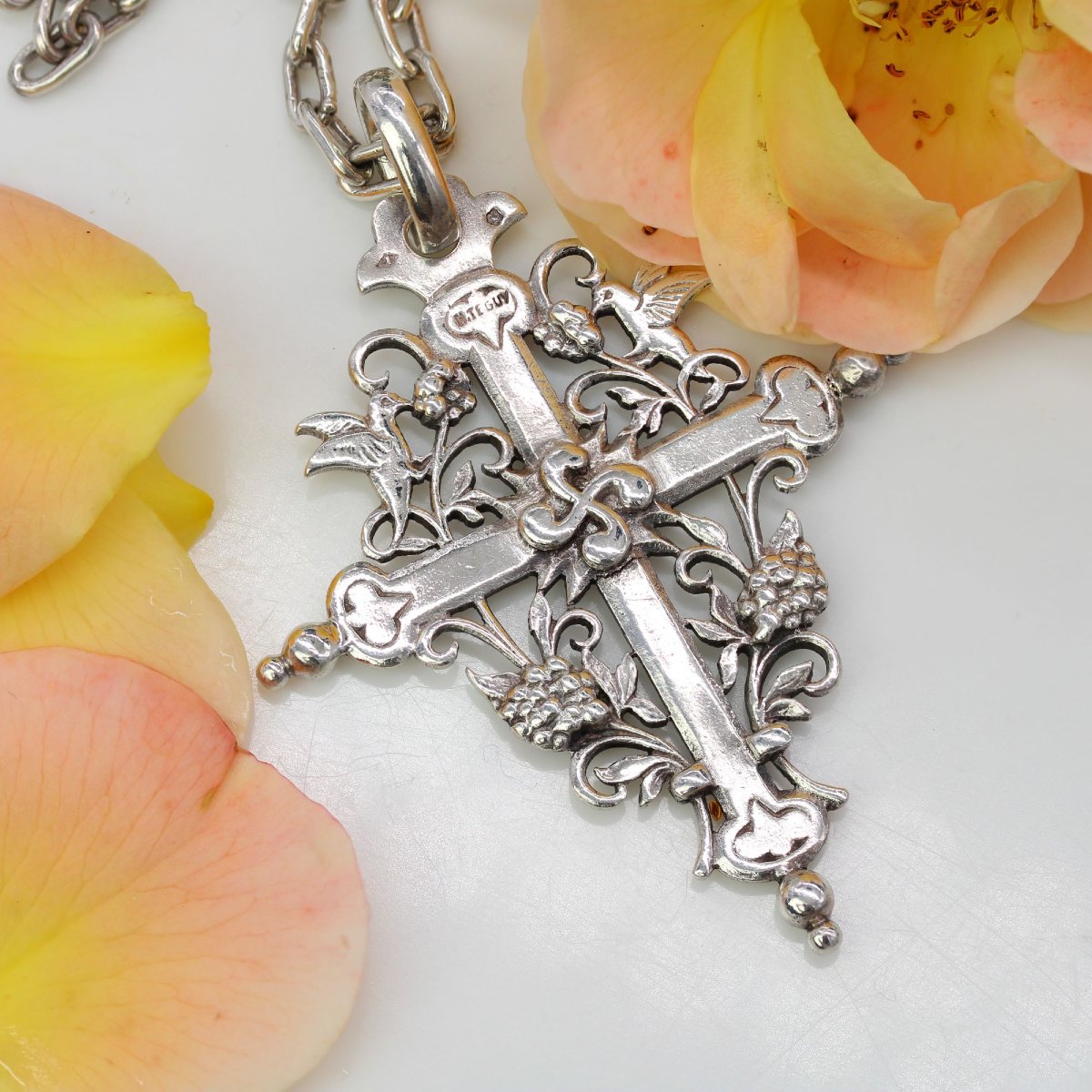 Antique Silver Basque Cross And Its Chain-photo-3