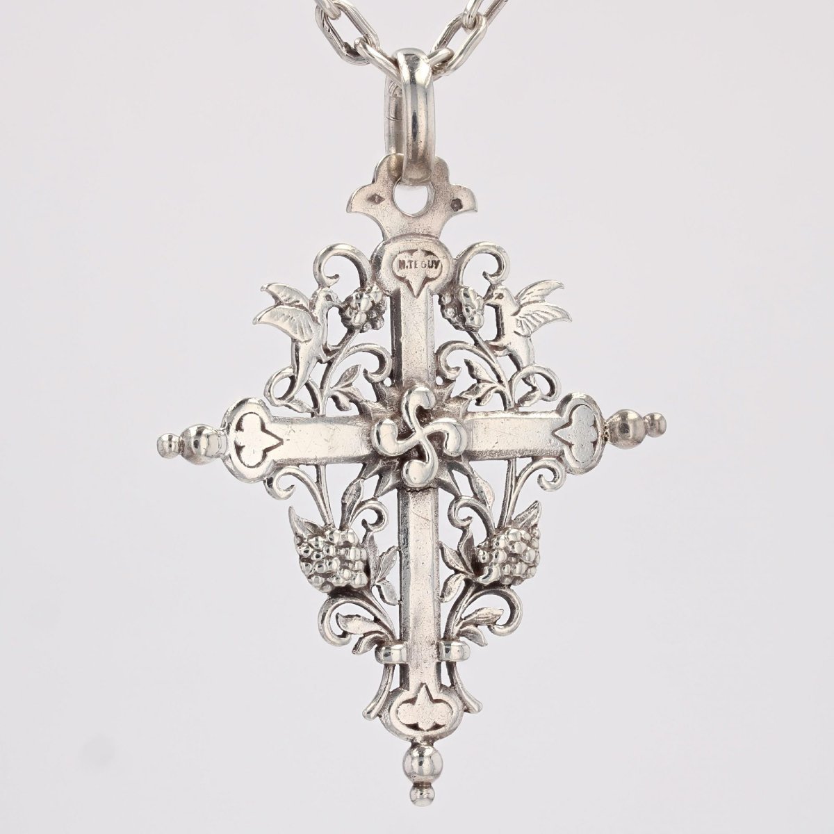 Antique Silver Basque Cross And Its Chain-photo-1
