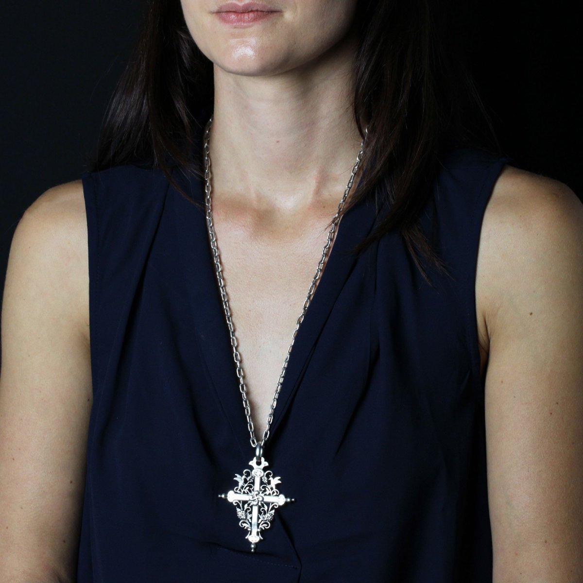 Antique Silver Basque Cross And Its Chain-photo-3