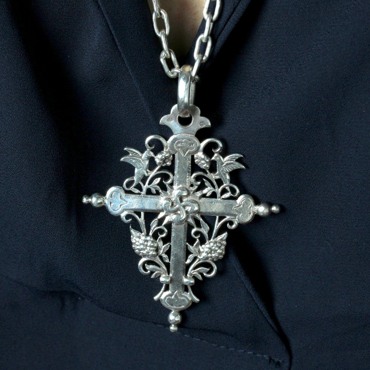 Antique Silver Basque Cross And Its Chain-photo-4