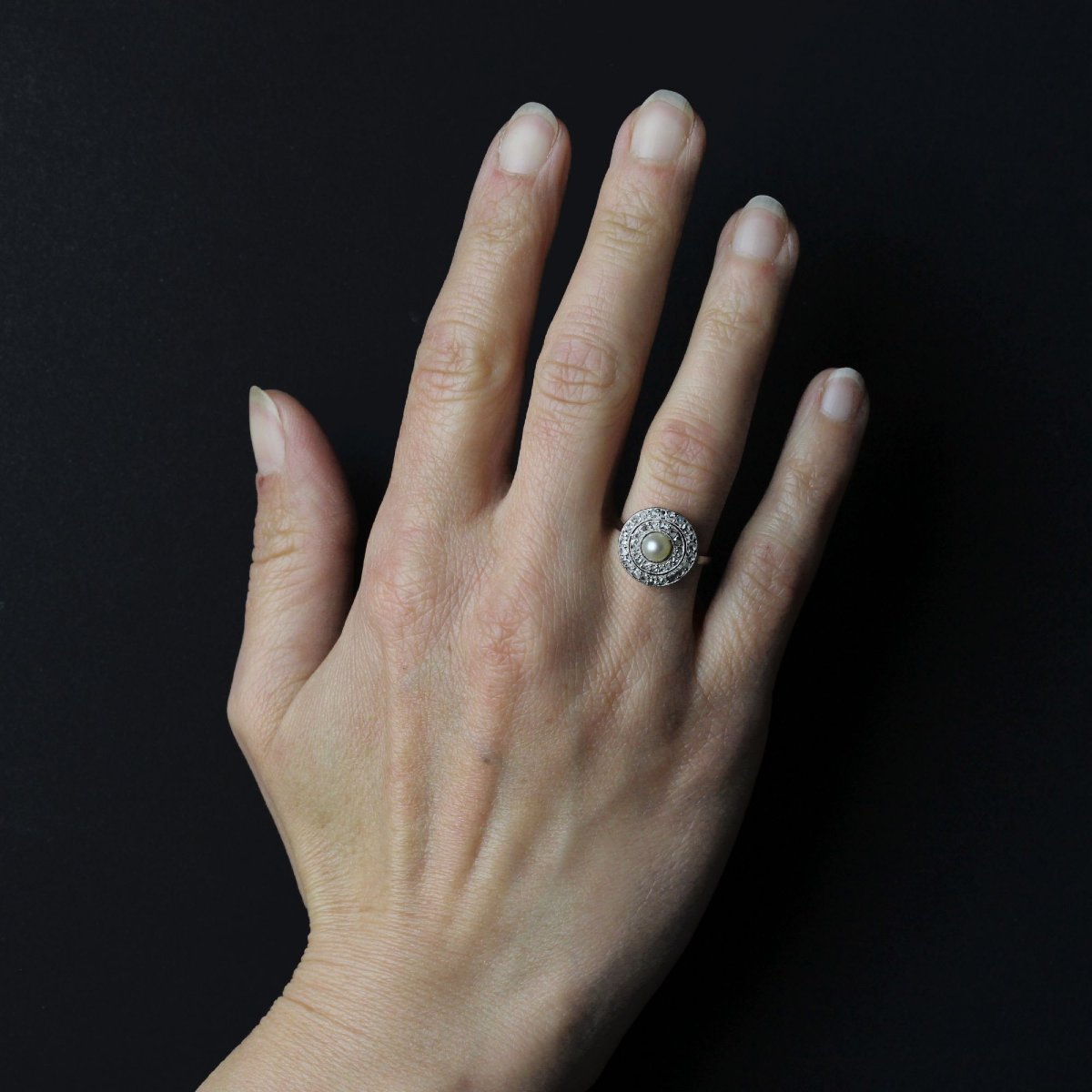 Bague ancienne ronde perle fine et diamants-photo-2
