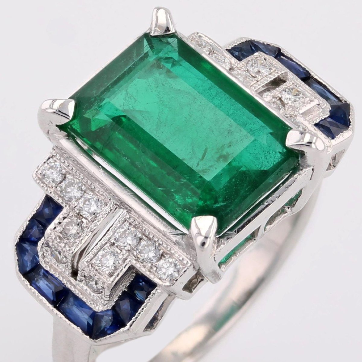 Art Deco Style Emerald, Diamond And Sapphire Ring-photo-5