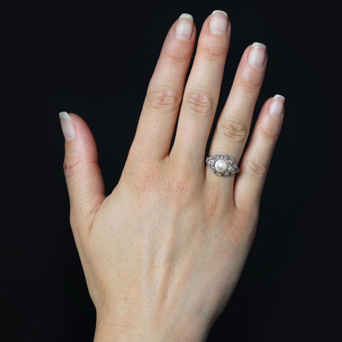 Bague dôme platine perle et diamants-photo-2