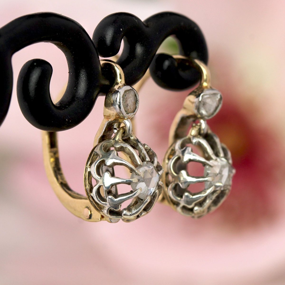 Boucles d'oreilles trembleuses diamants taillés en rose-photo-3