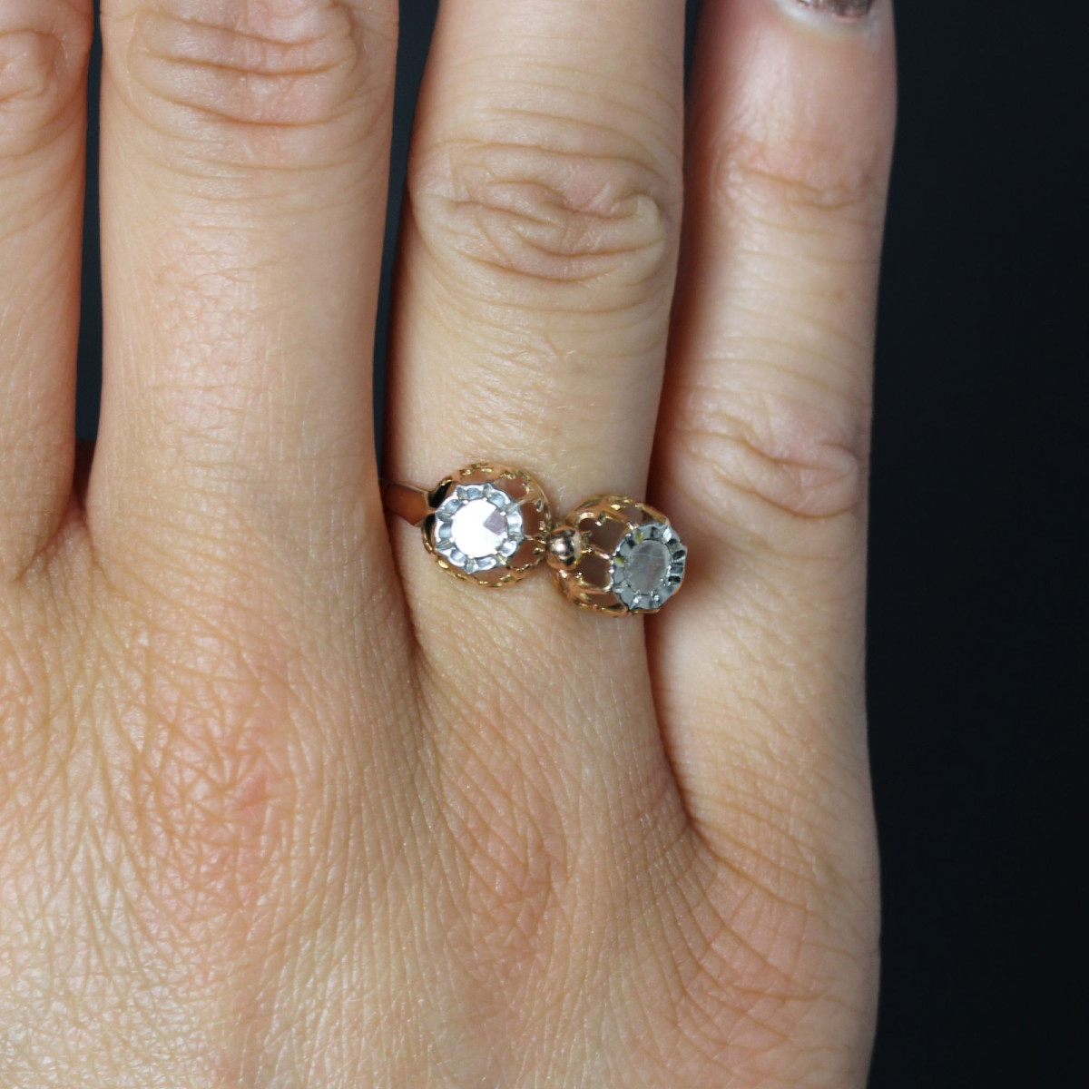 Bague ancienne or rose duo diamants taillés en rose-photo-2