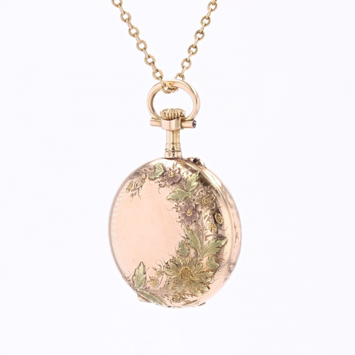 Antique Pendant, Rose Gold Collar Watch With Green Gold Decorations-photo-4