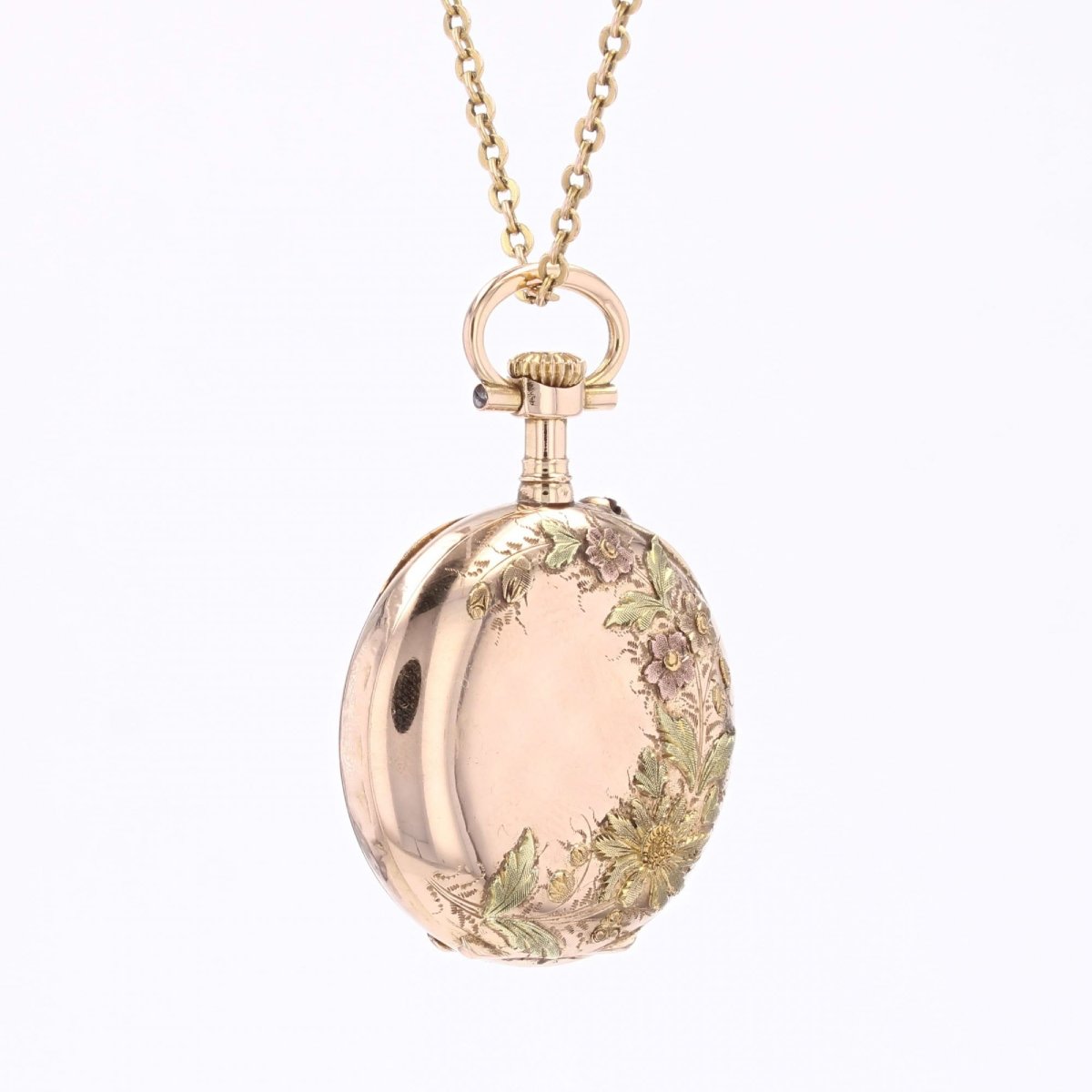 Antique Pendant, Rose Gold Collar Watch With Green Gold Decorations-photo-1