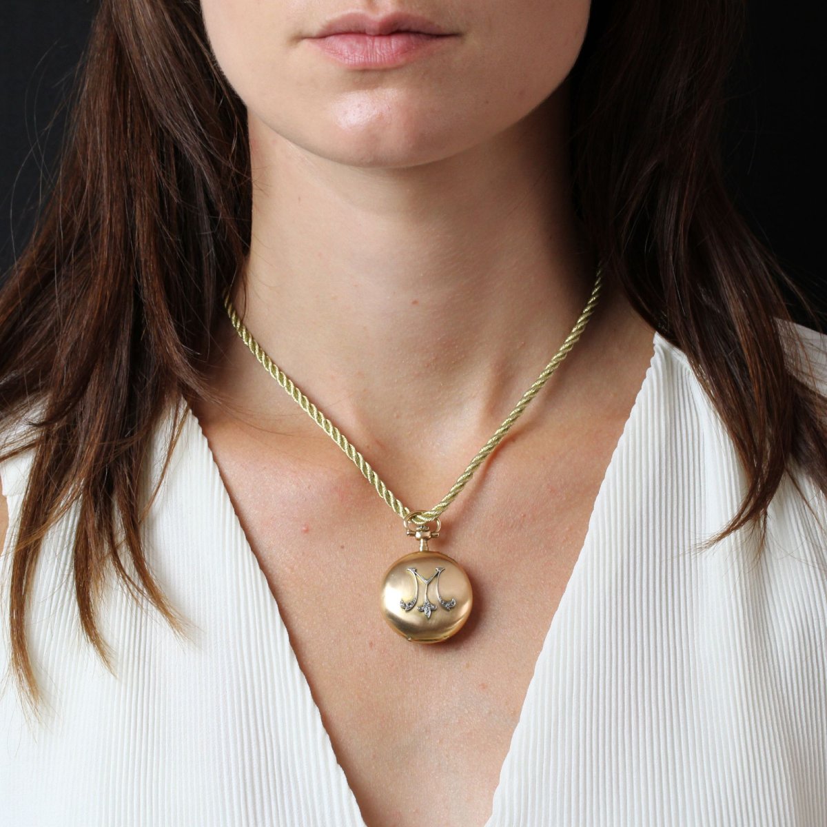 Rose Gold M Diamond Necklace Watch Pendant-photo-2