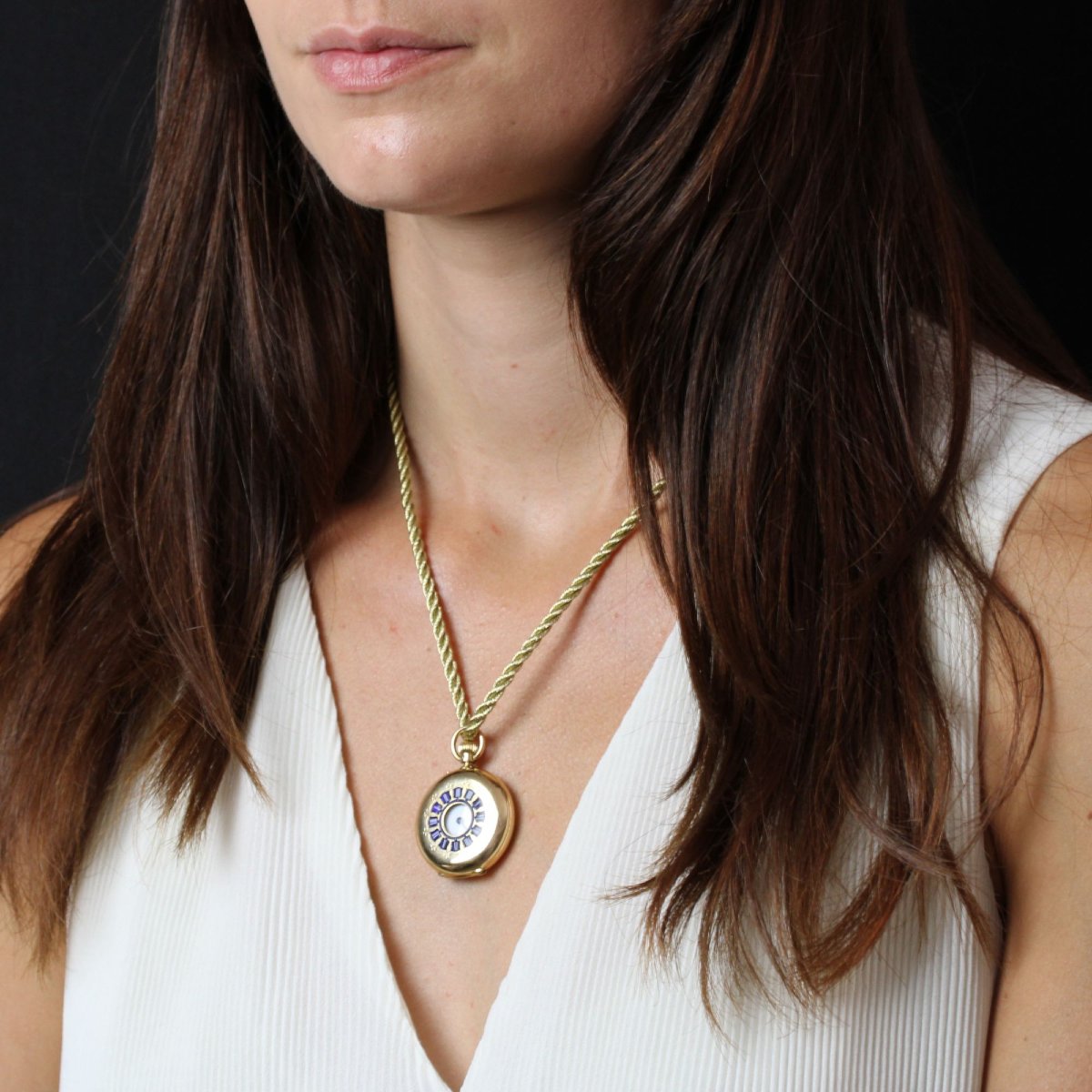 Yellow Gold Collar Watch With Blue Enamelled Numerals-photo-3