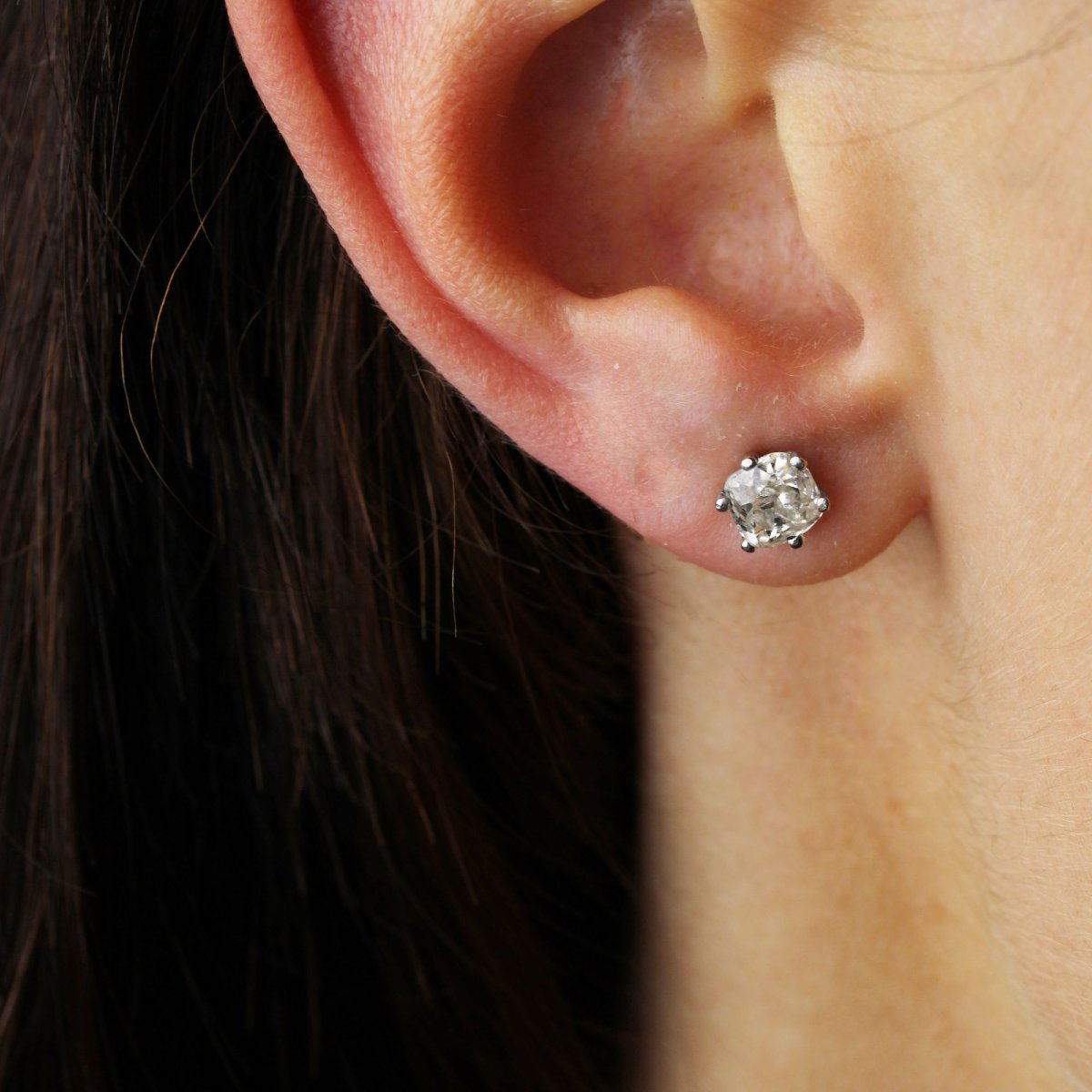 Puces d'oreilles ancienne diamants taille coussin-photo-2