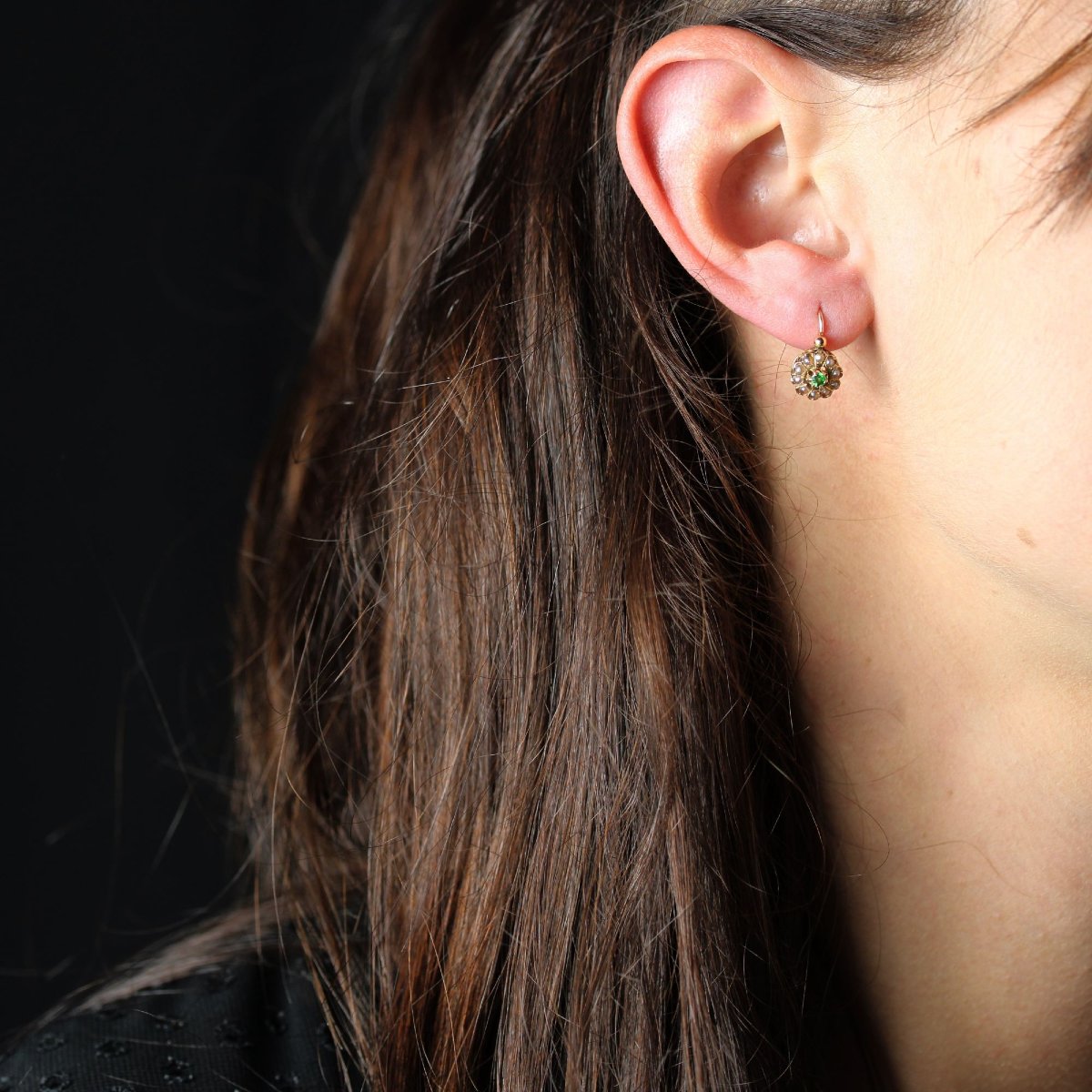 Dormeuses anciennes grenats verts et perle fines-photo-2