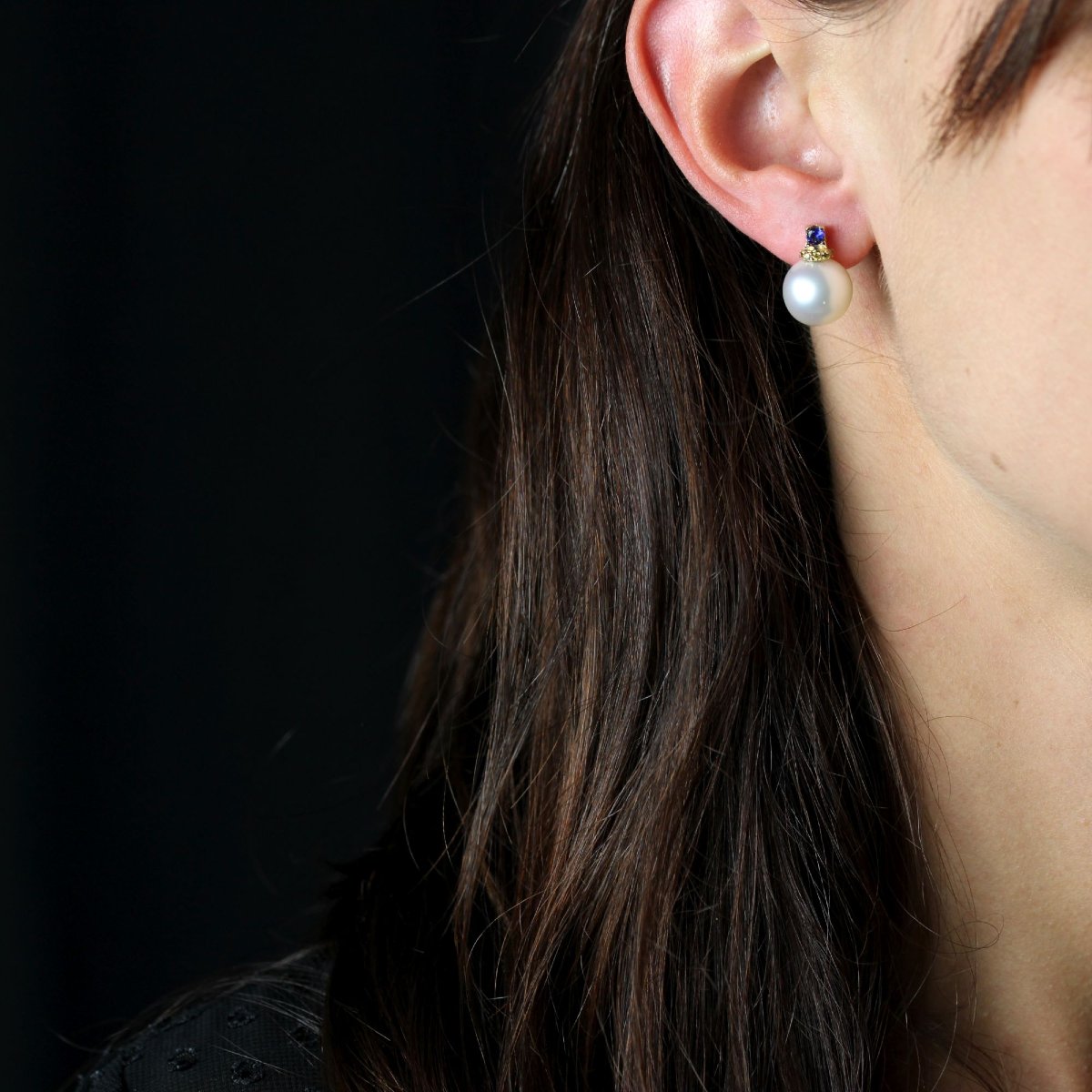 Cultured Pearl, Sapphire And Yellow Diamond Earrings-photo-2