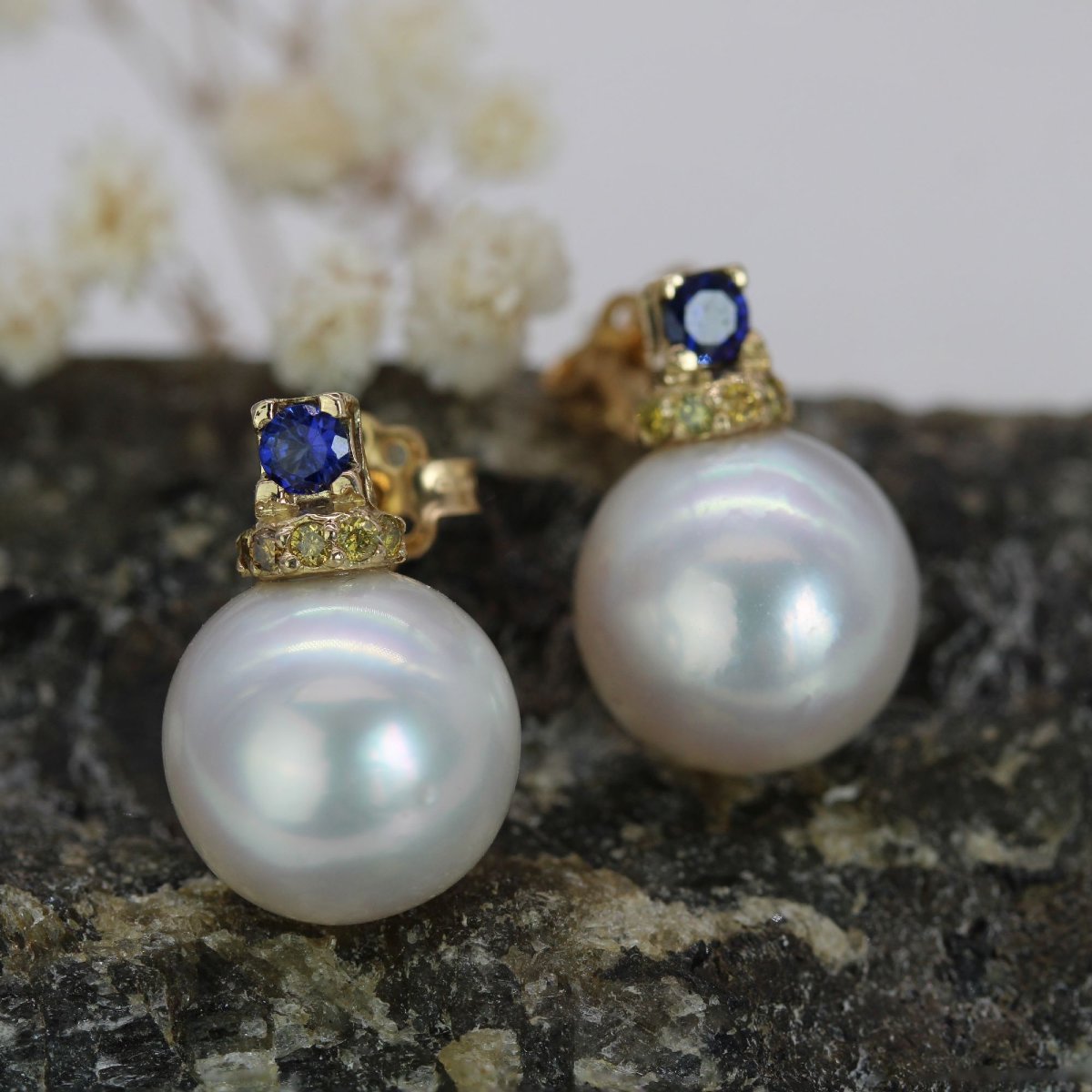 Cultured Pearl, Sapphire And Yellow Diamond Earrings-photo-3
