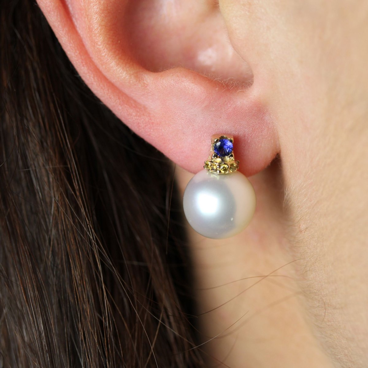 Cultured Pearl, Sapphire And Yellow Diamond Earrings-photo-2