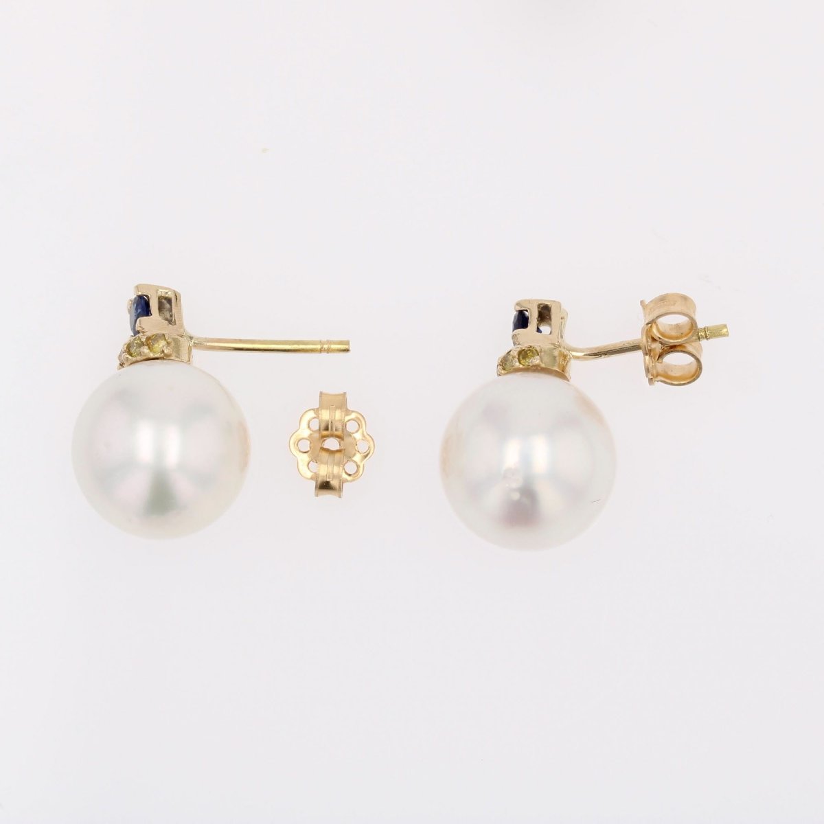 Cultured Pearl, Sapphire And Yellow Diamond Earrings-photo-3