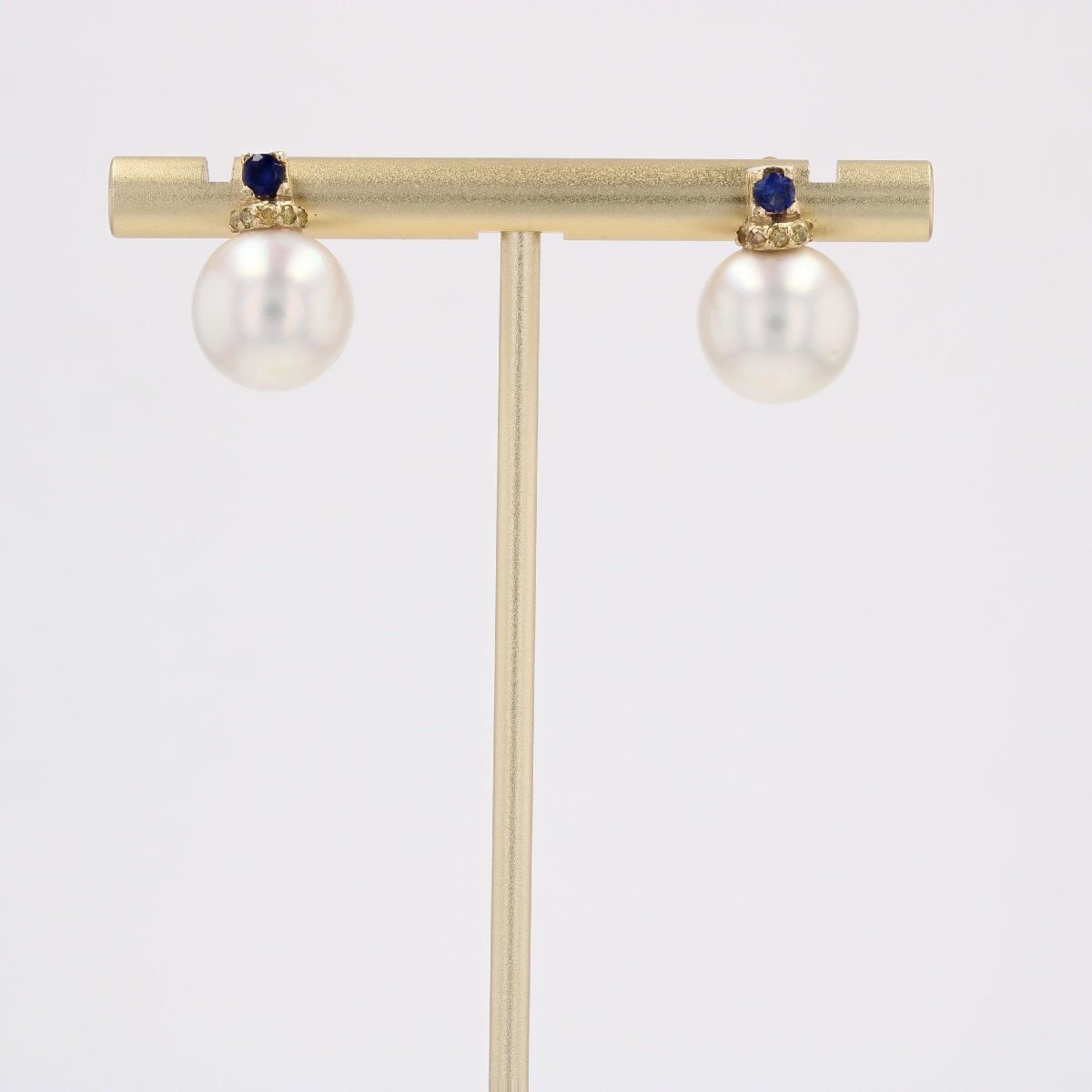 Cultured Pearl, Sapphire And Yellow Diamond Earrings-photo-5