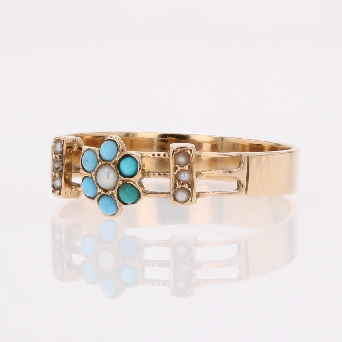 Bague ancienne ajourée or rose fleur perles fines et perles turquoises-photo-4