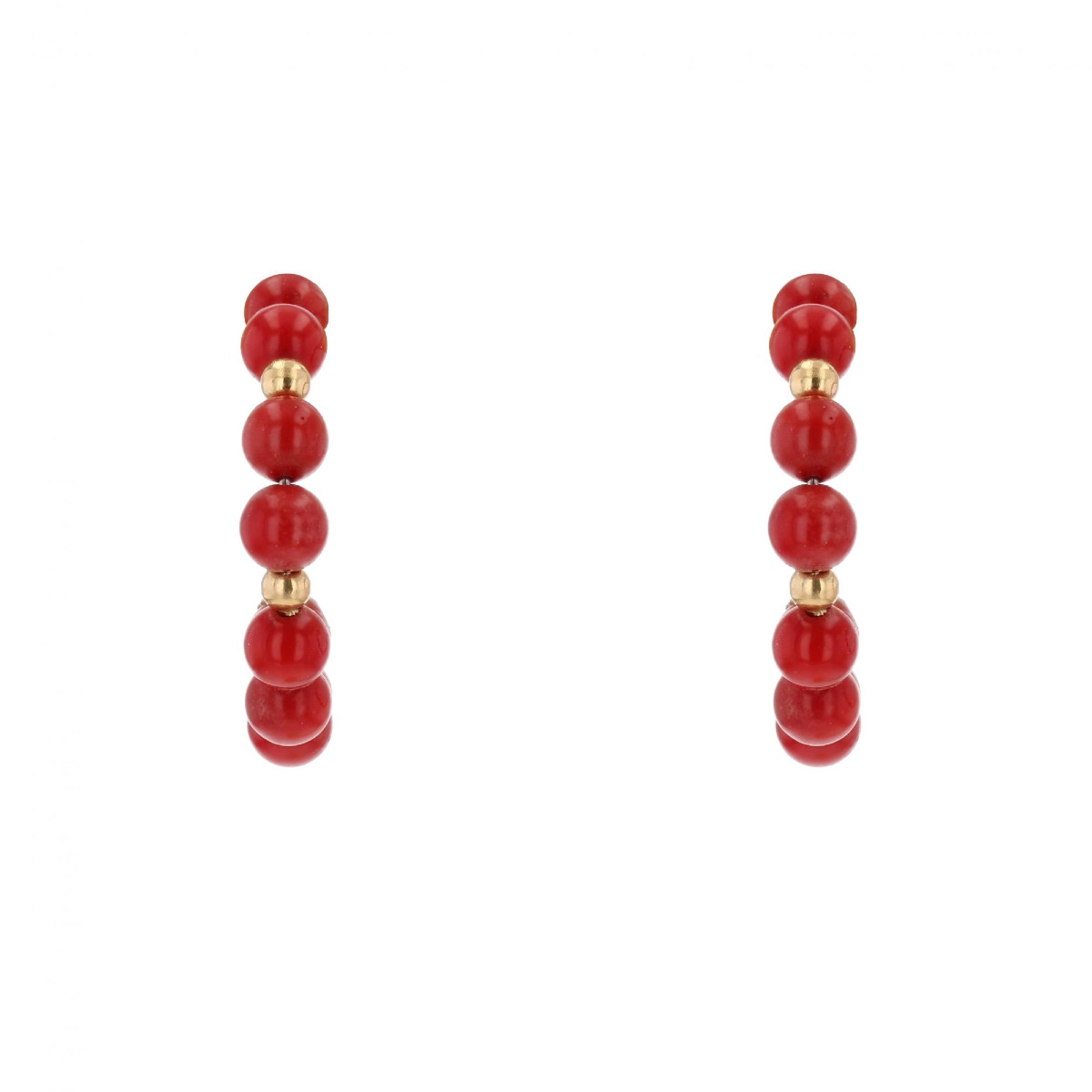 Yellow Gold Half Hoop Earrings With Coral Beads