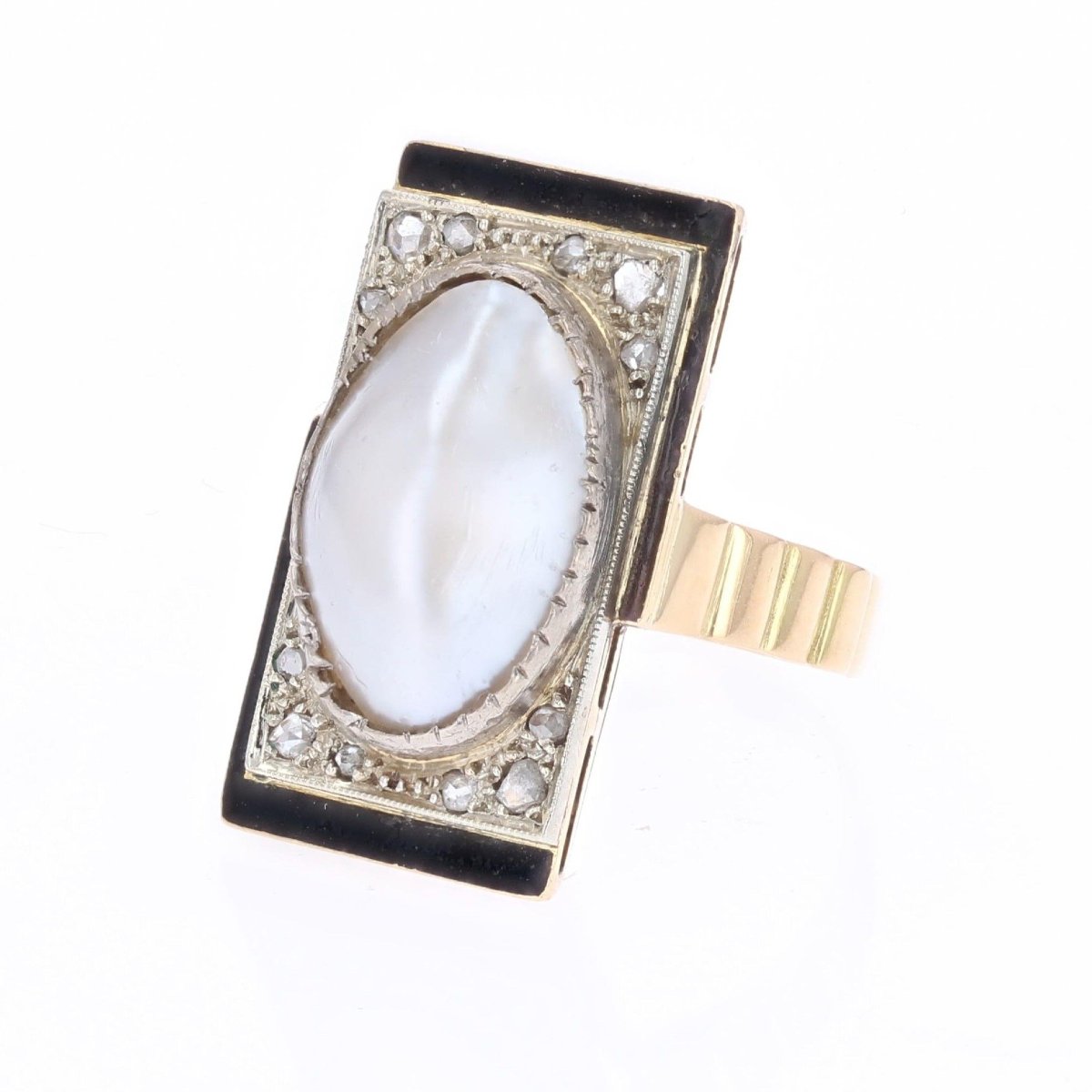 Bague Art Déco rectangulaire perle Mabé diamants taillés en rose et émail noir-photo-5