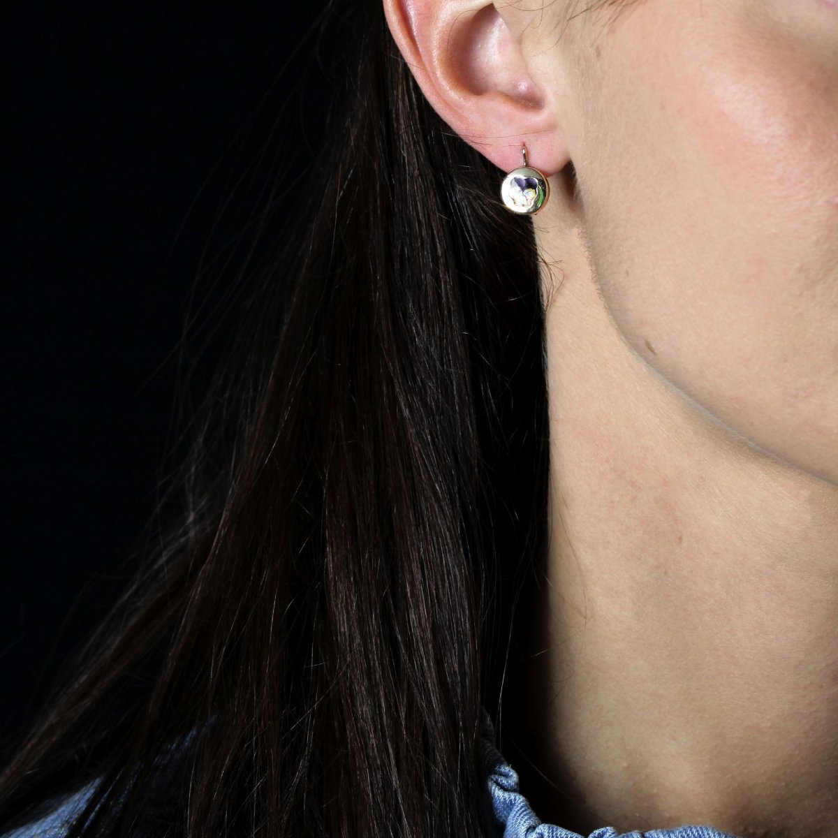 Antique Enamelled Pansy Sleeper Earrings-photo-2