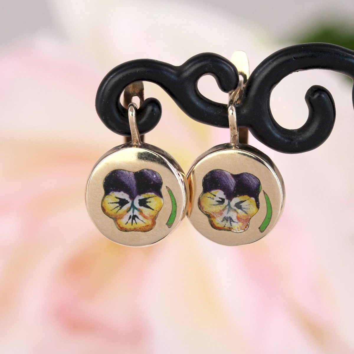 Antique Enamelled Pansy Sleeper Earrings-photo-3