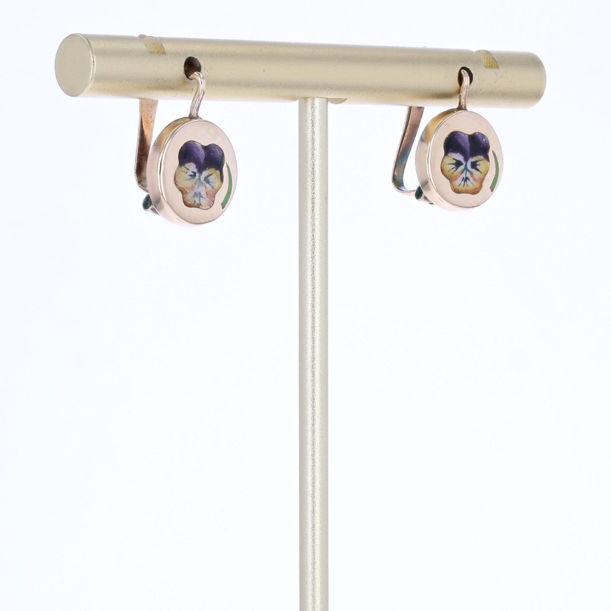 Antique Enamelled Pansy Sleeper Earrings-photo-1