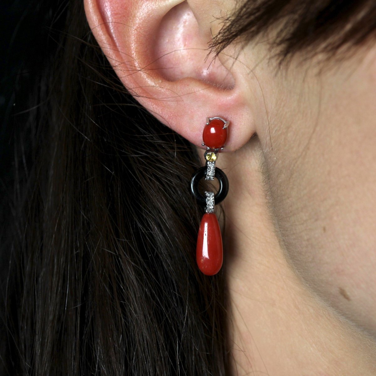 Boucles d'oreilles corail onyx diamants blancs et jaunes-photo-2