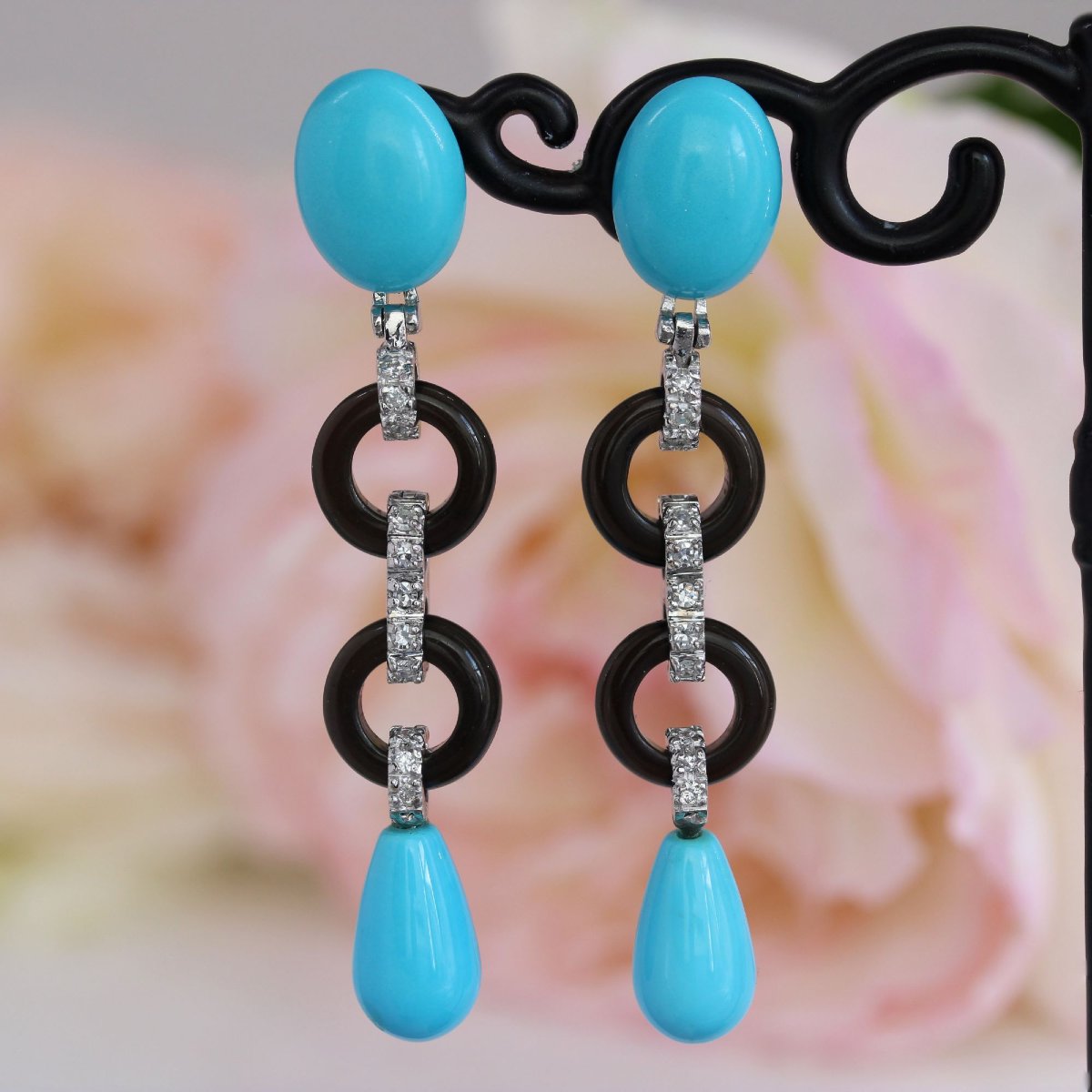 Boucles d'oreilles pendantes turquoises onyx et diamants-photo-3