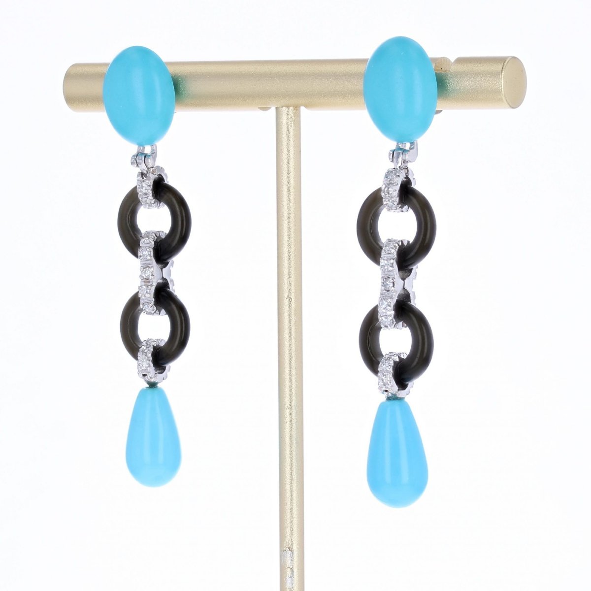Boucles d'oreilles pendantes turquoises onyx et diamants-photo-4