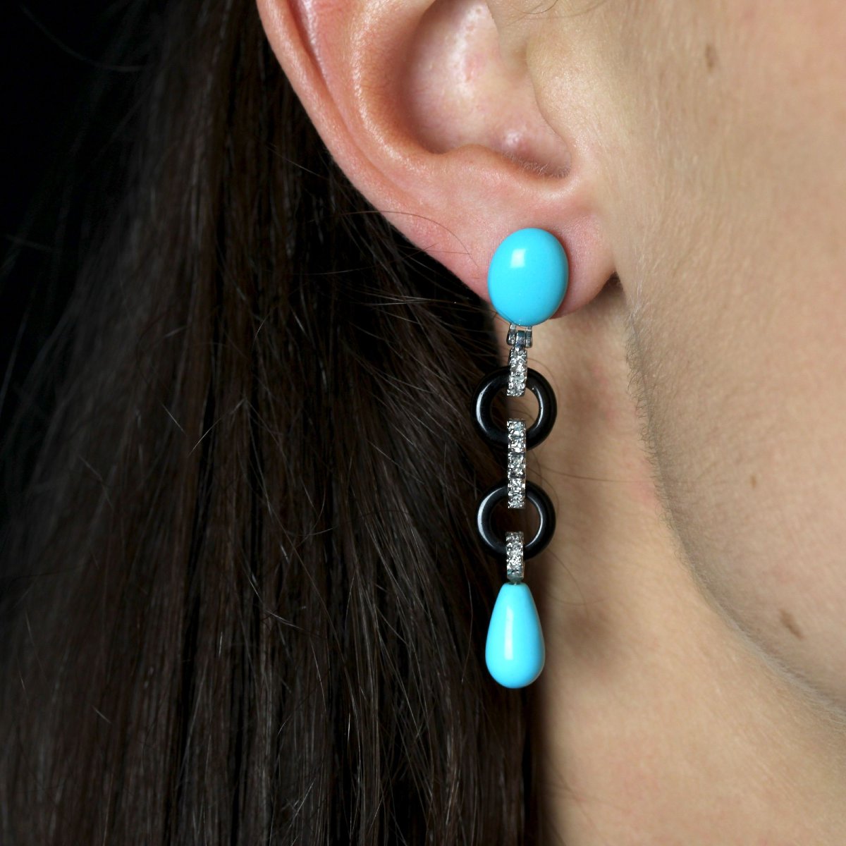 Boucles d'oreilles pendantes turquoises onyx et diamants-photo-2