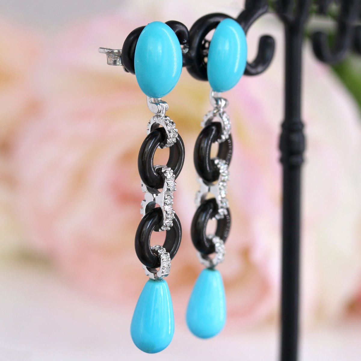 Boucles d'oreilles pendantes turquoises onyx et diamants-photo-3