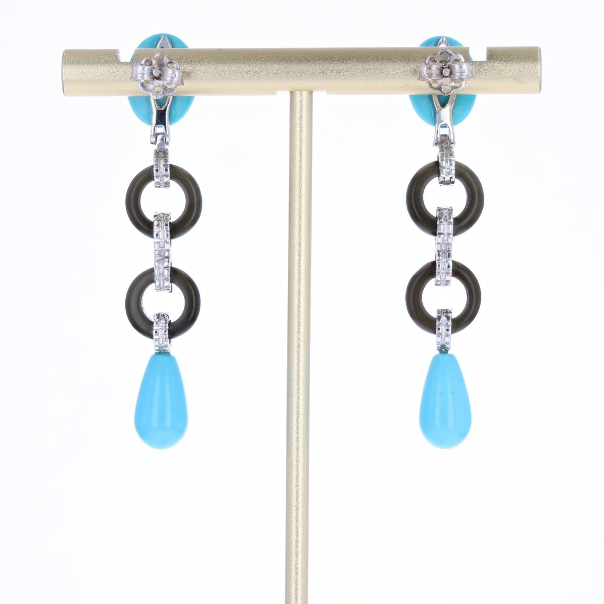 Boucles d'oreilles pendantes turquoises onyx et diamants-photo-5