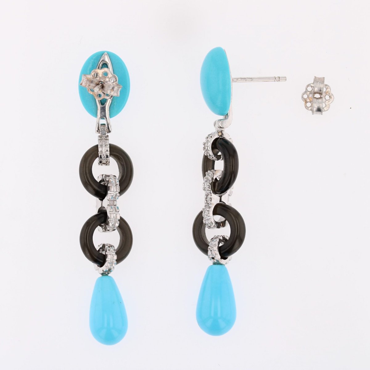 Boucles d'oreilles pendantes turquoises onyx et diamants-photo-6