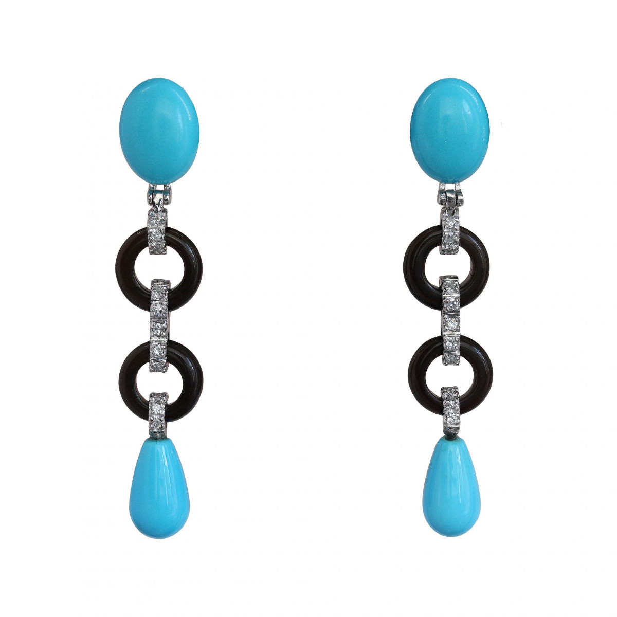 Boucles d'oreilles pendantes turquoises onyx et diamants