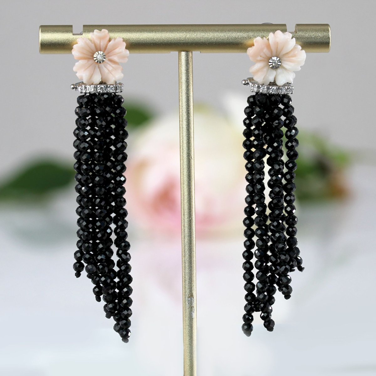 Coral Flower Drop Earrings With Diamonds And Black Spinels-photo-3