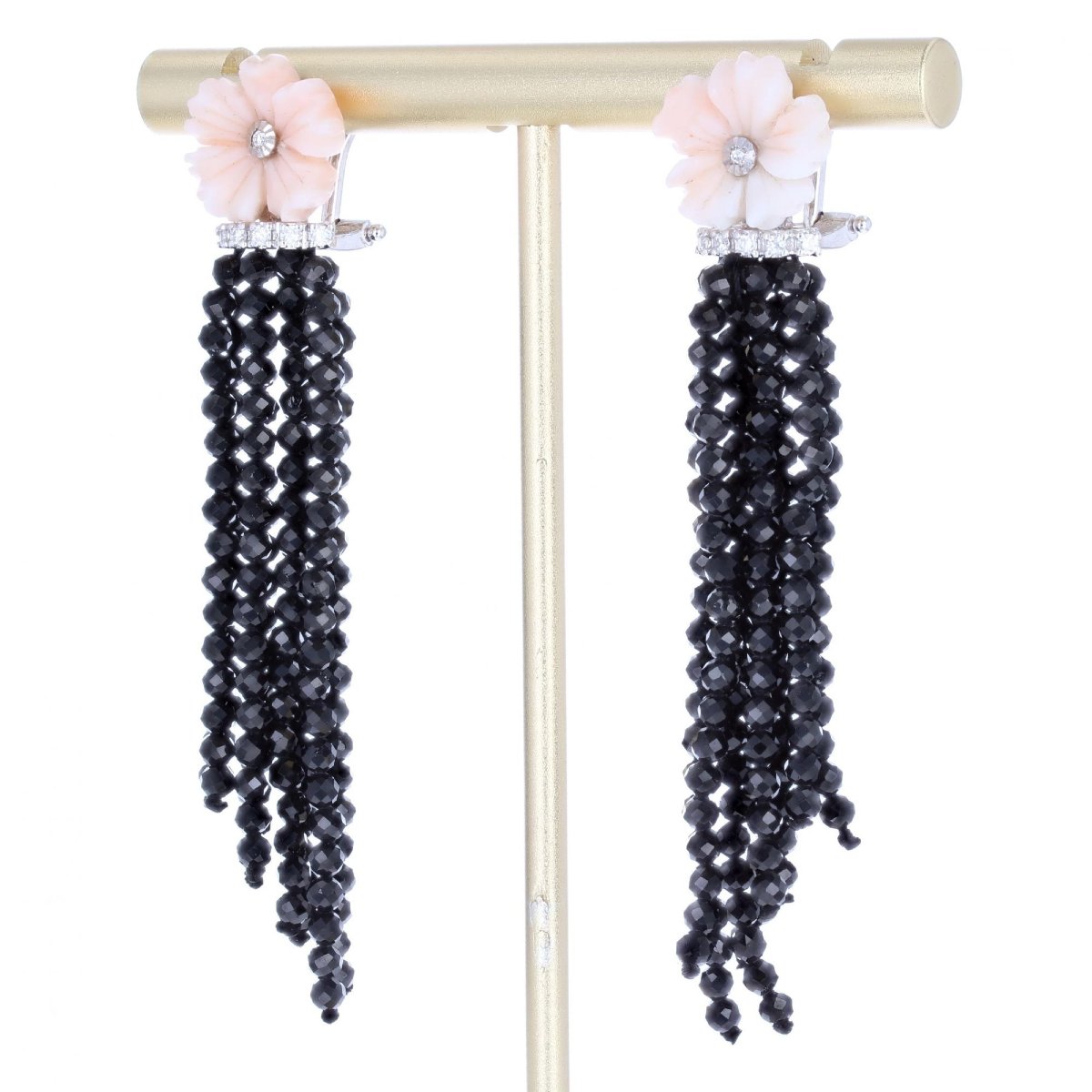 Coral Flower Drop Earrings With Diamonds And Black Spinels-photo-4