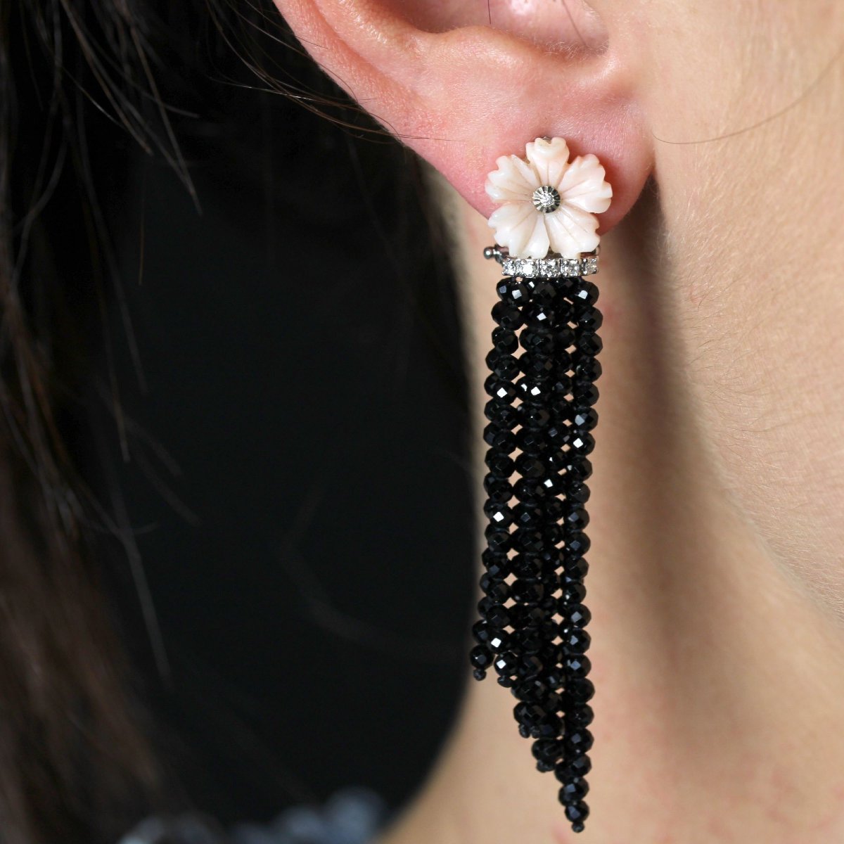 Coral Flower Drop Earrings With Diamonds And Black Spinels-photo-2