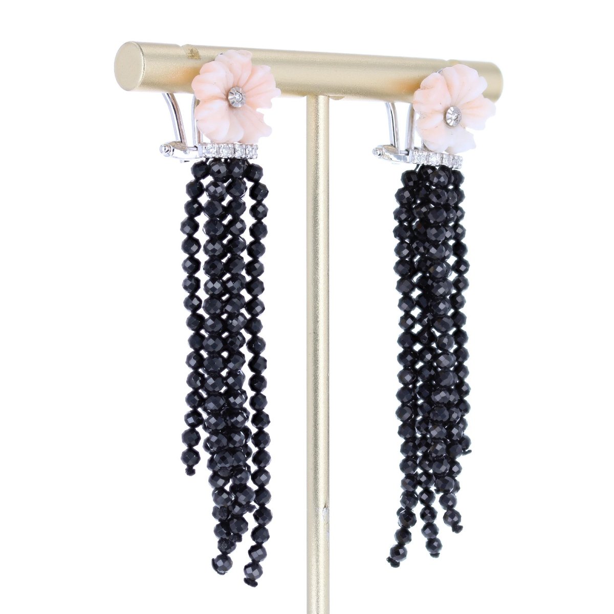 Coral Flower Drop Earrings With Diamonds And Black Spinels-photo-3