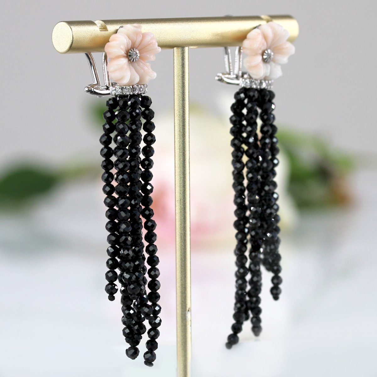 Coral Flower Drop Earrings With Diamonds And Black Spinels-photo-4
