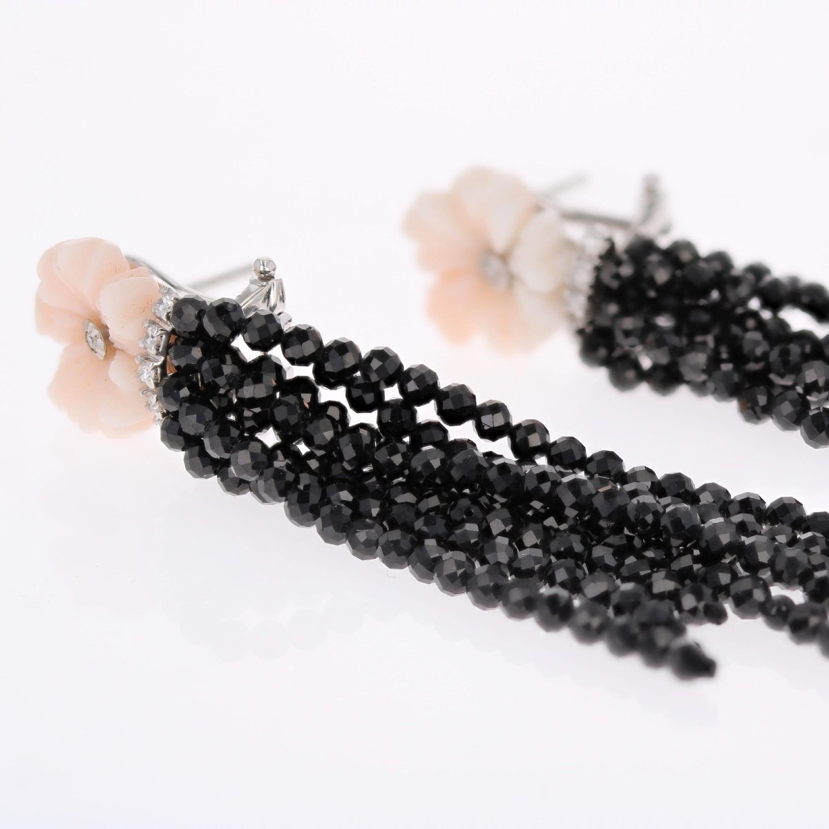 Coral Flower Drop Earrings With Diamonds And Black Spinels-photo-5