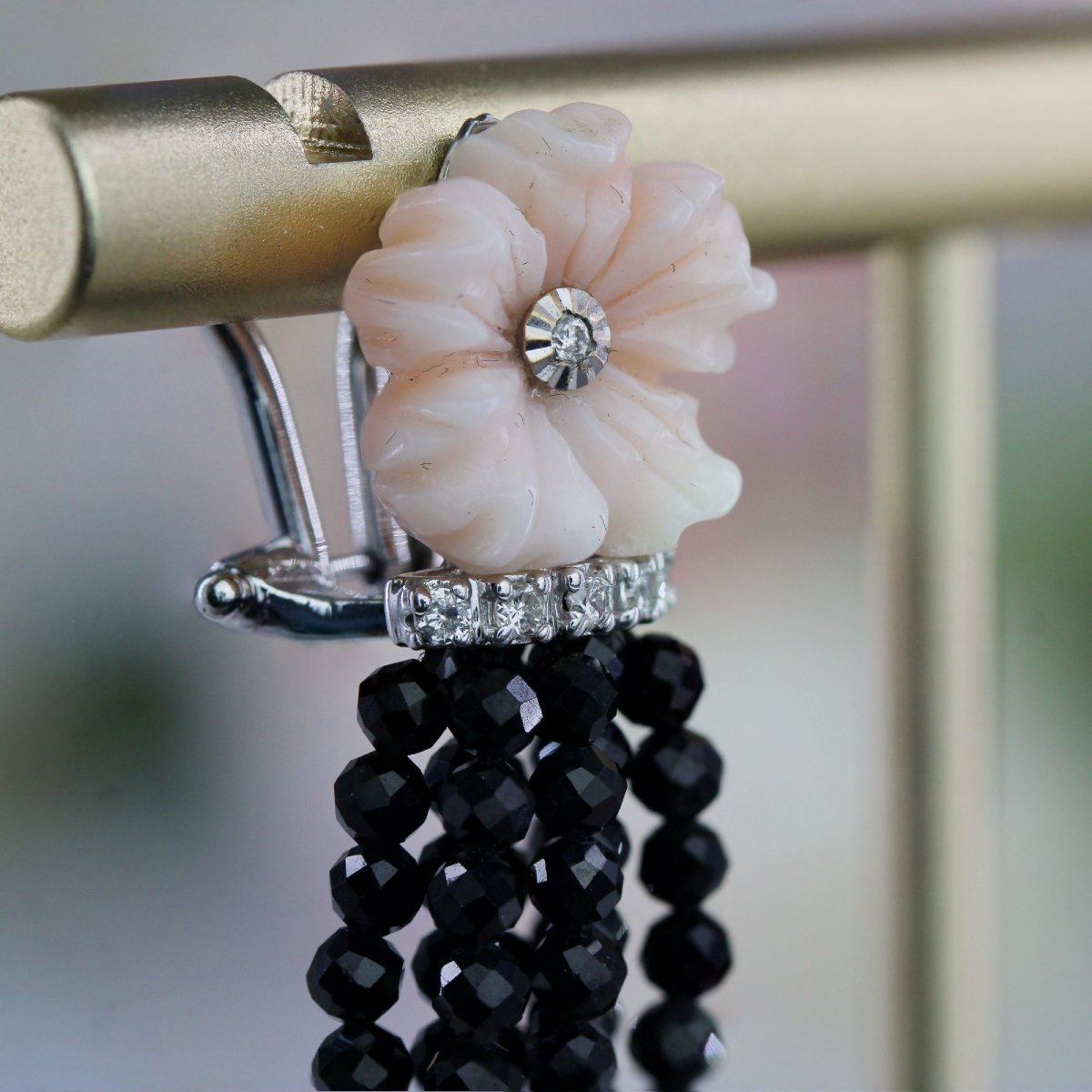 Coral Flower Drop Earrings With Diamonds And Black Spinels-photo-6