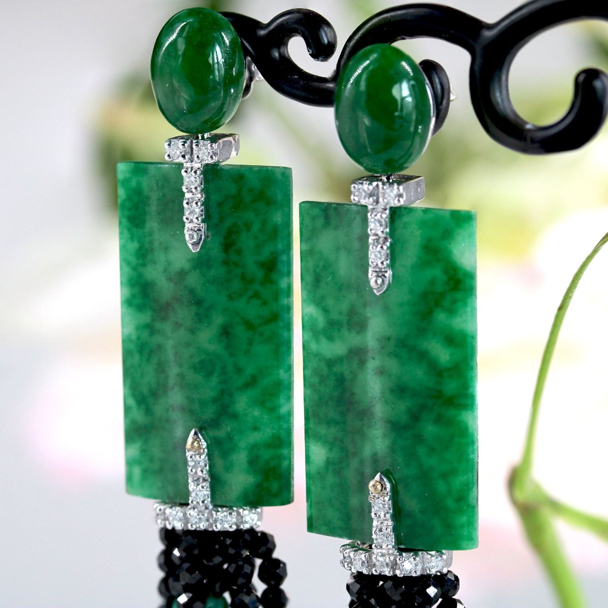 Jade, Diamond, Black Spinel And Emerald Earrings-photo-3