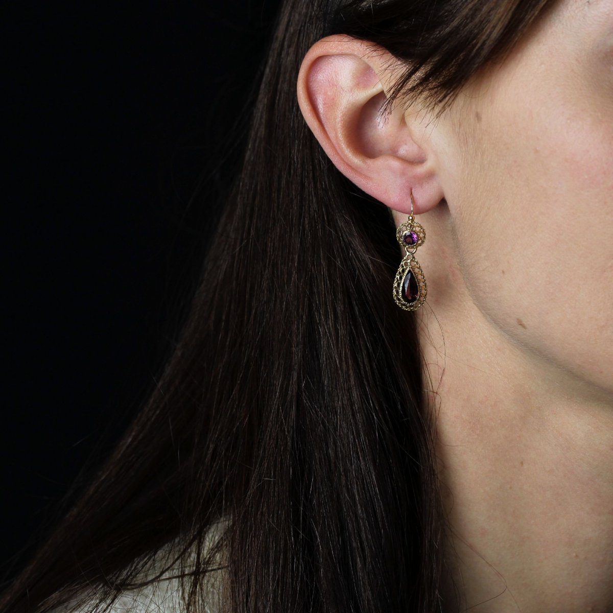 Boucles d'oreilles anciennes grenats et or-photo-2