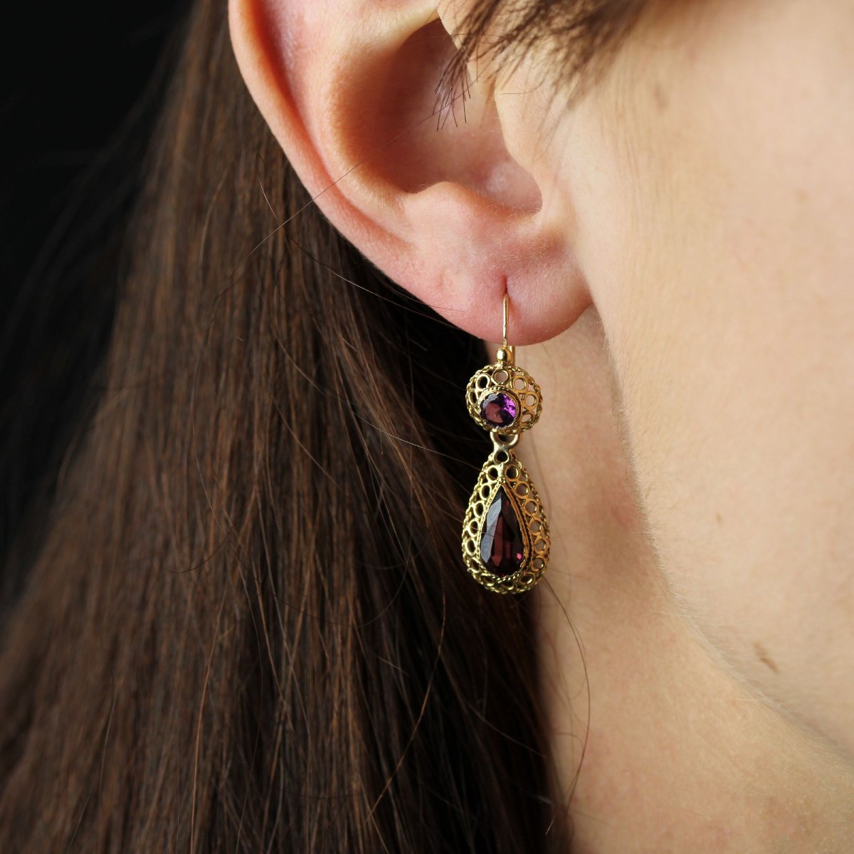 Boucles d'oreilles anciennes grenats et or-photo-3